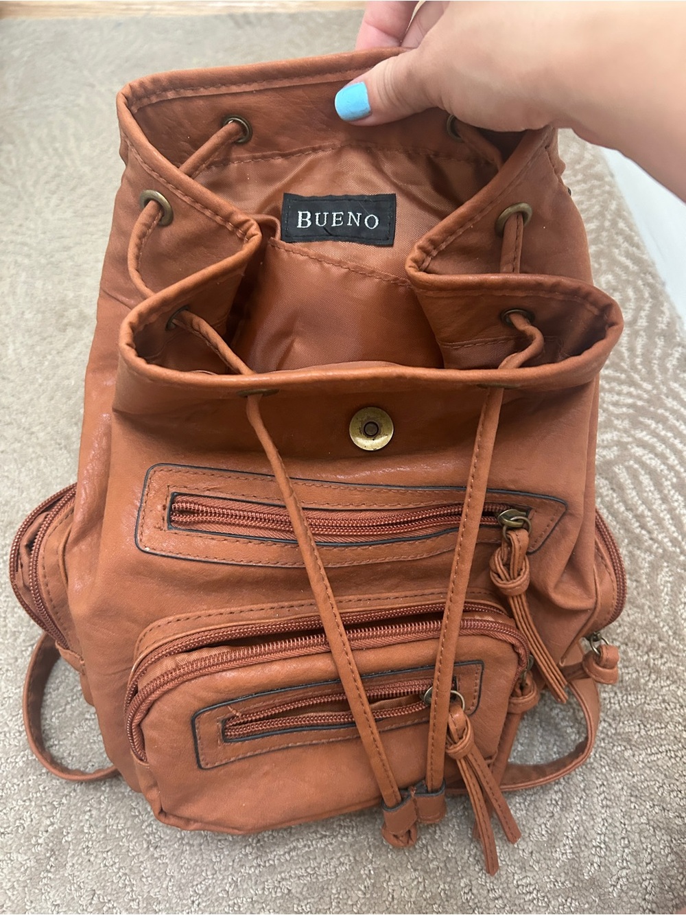 BUENO Cognac Faux Leather Drawstring Backpack